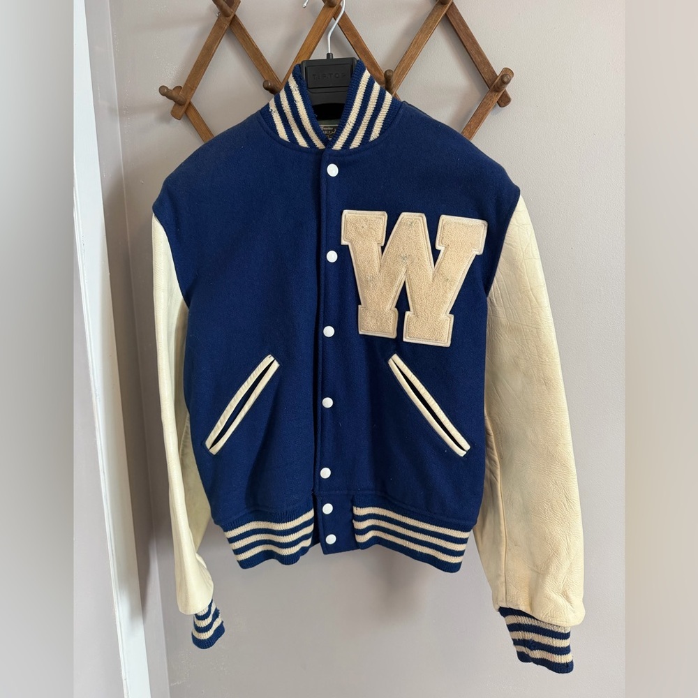 Vintage Flynntan Leather Blue Wool Varsity Jacket Size M